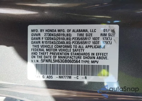 2016 Honda Odyssey Ex-L из США, поврежденный, VIN 5FNRL5H63GB060564